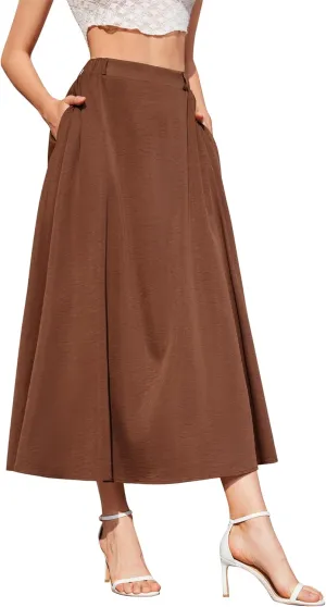 Womens Flowy Maxi Skirt Summer Elastic High Waist Long Skirts Casual A-Line Skirt with Pockets