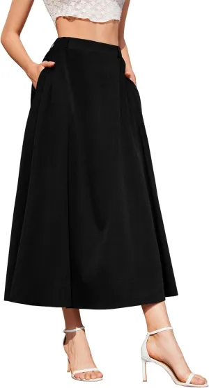 Womens Flowy Maxi Skirt Summer Elastic High Waist Long Skirts Casual A-Line Skirt with Pockets