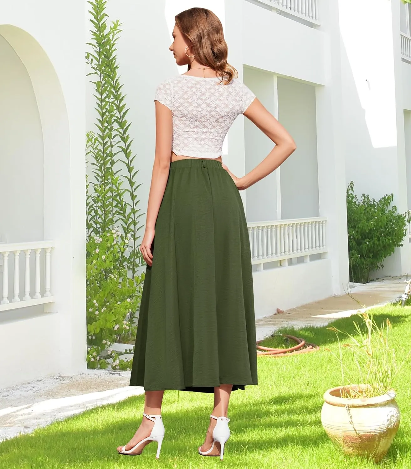 Womens Flowy Maxi Skirt Summer Elastic High Waist Long Skirts Casual A-Line Skirt with Pockets