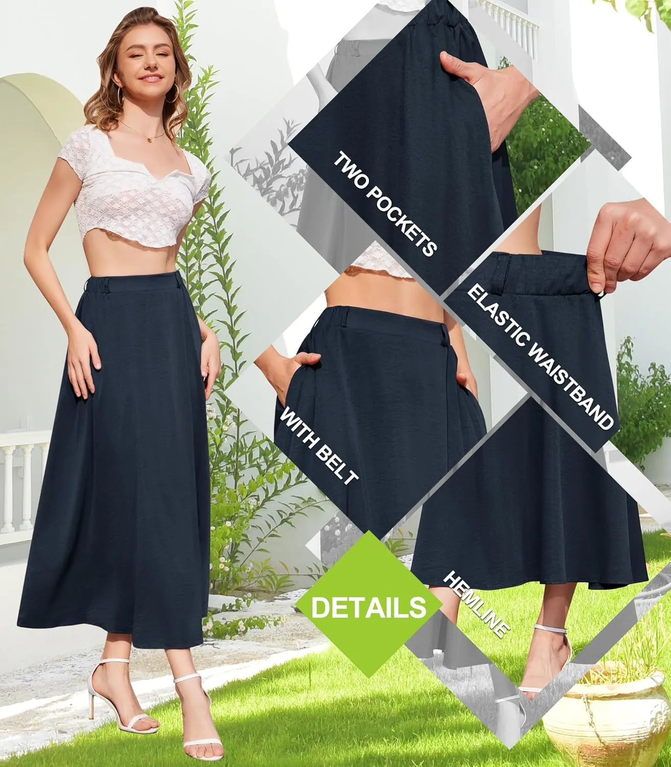 Womens Flowy Maxi Skirt Summer Elastic High Waist Long Skirts Casual A-Line Skirt with Pockets