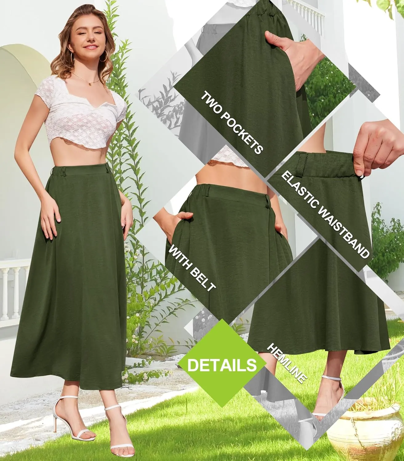 Womens Flowy Maxi Skirt Summer Elastic High Waist Long Skirts Casual A-Line Skirt with Pockets