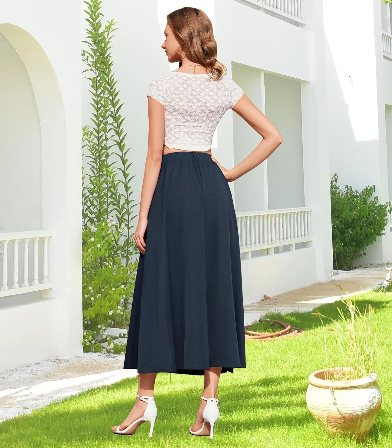 Womens Flowy Maxi Skirt Summer Elastic High Waist Long Skirts Casual A-Line Skirt with Pockets