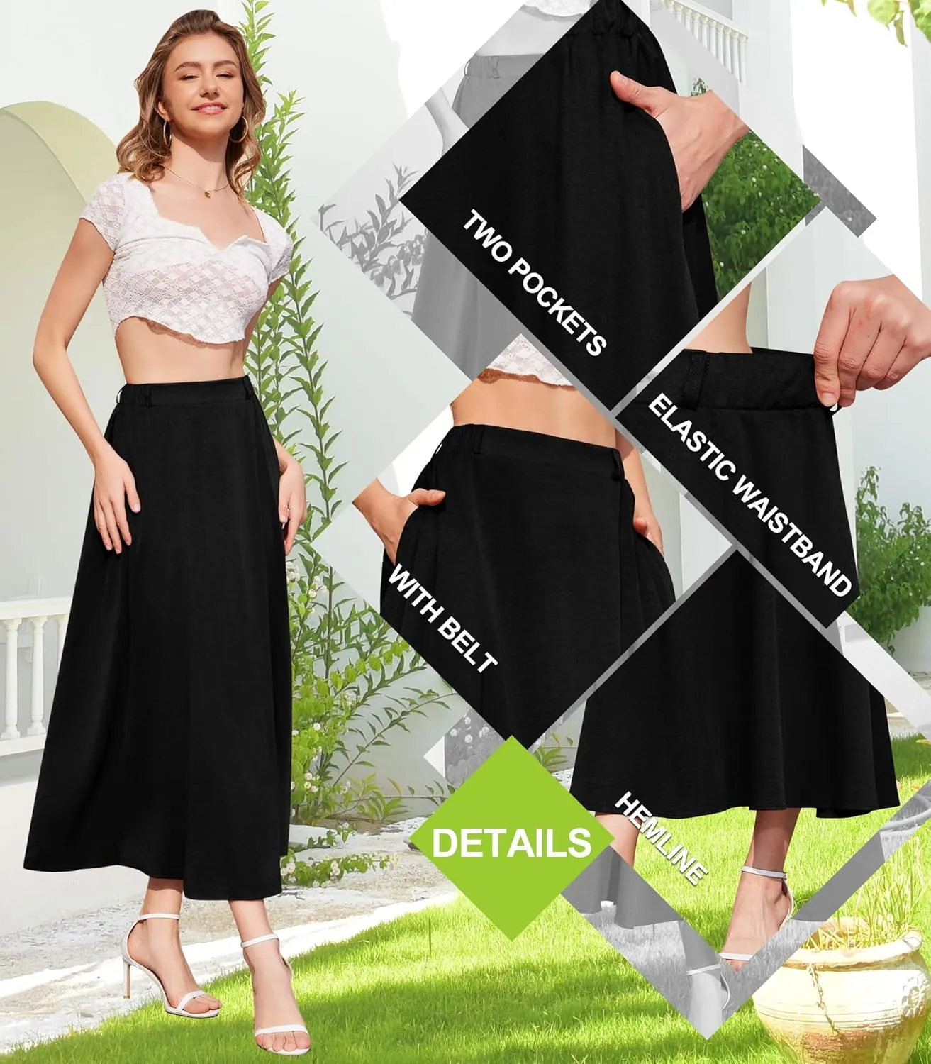 Womens Flowy Maxi Skirt Summer Elastic High Waist Long Skirts Casual A-Line Skirt with Pockets