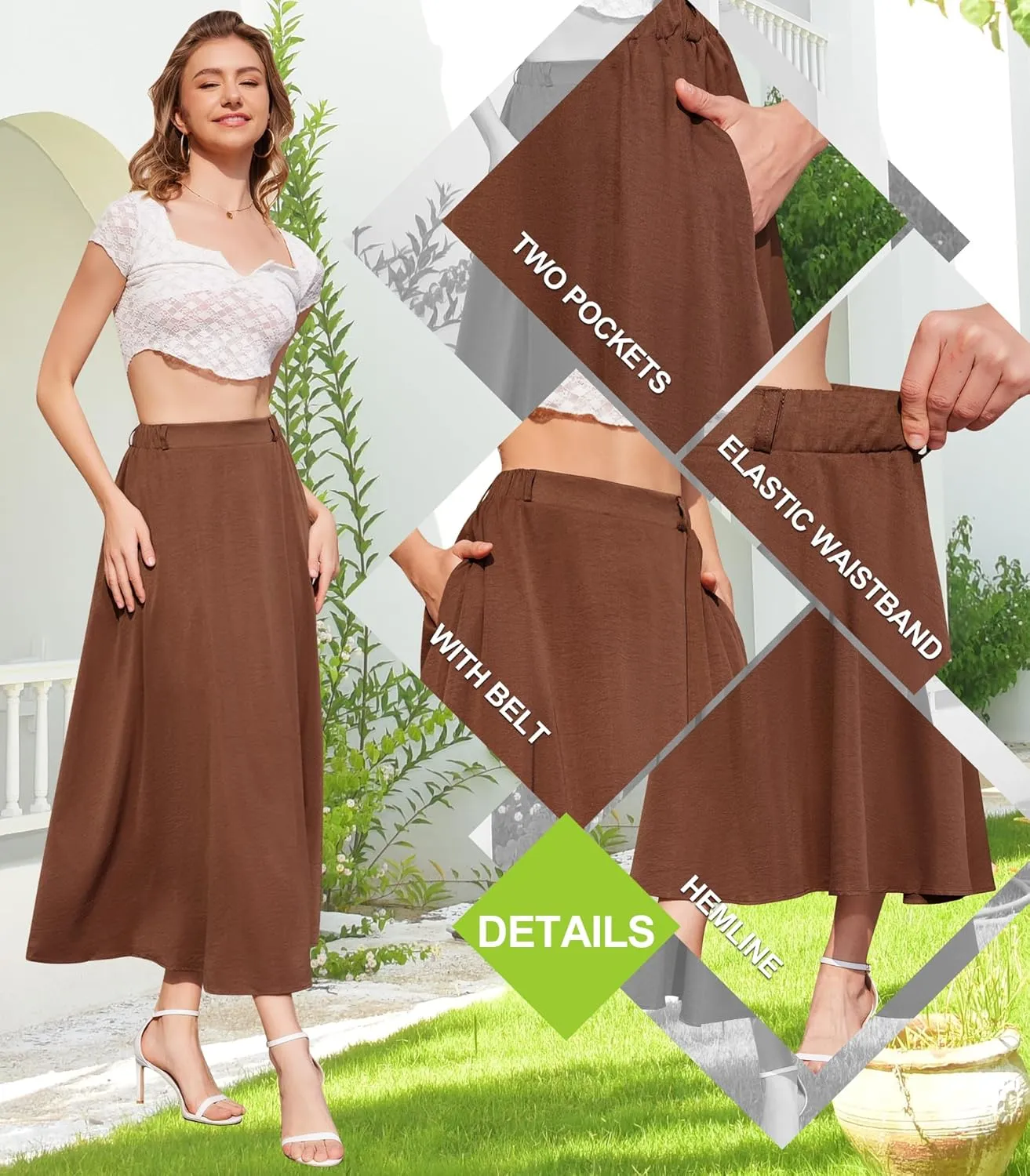 Womens Flowy Maxi Skirt Summer Elastic High Waist Long Skirts Casual A-Line Skirt with Pockets