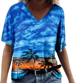 Womens Hawaiian Shirt Palm Trees Beach Graphic Tee Tops Summer Vacation Short Sleeve Tshirt Tops Casual V Neck
