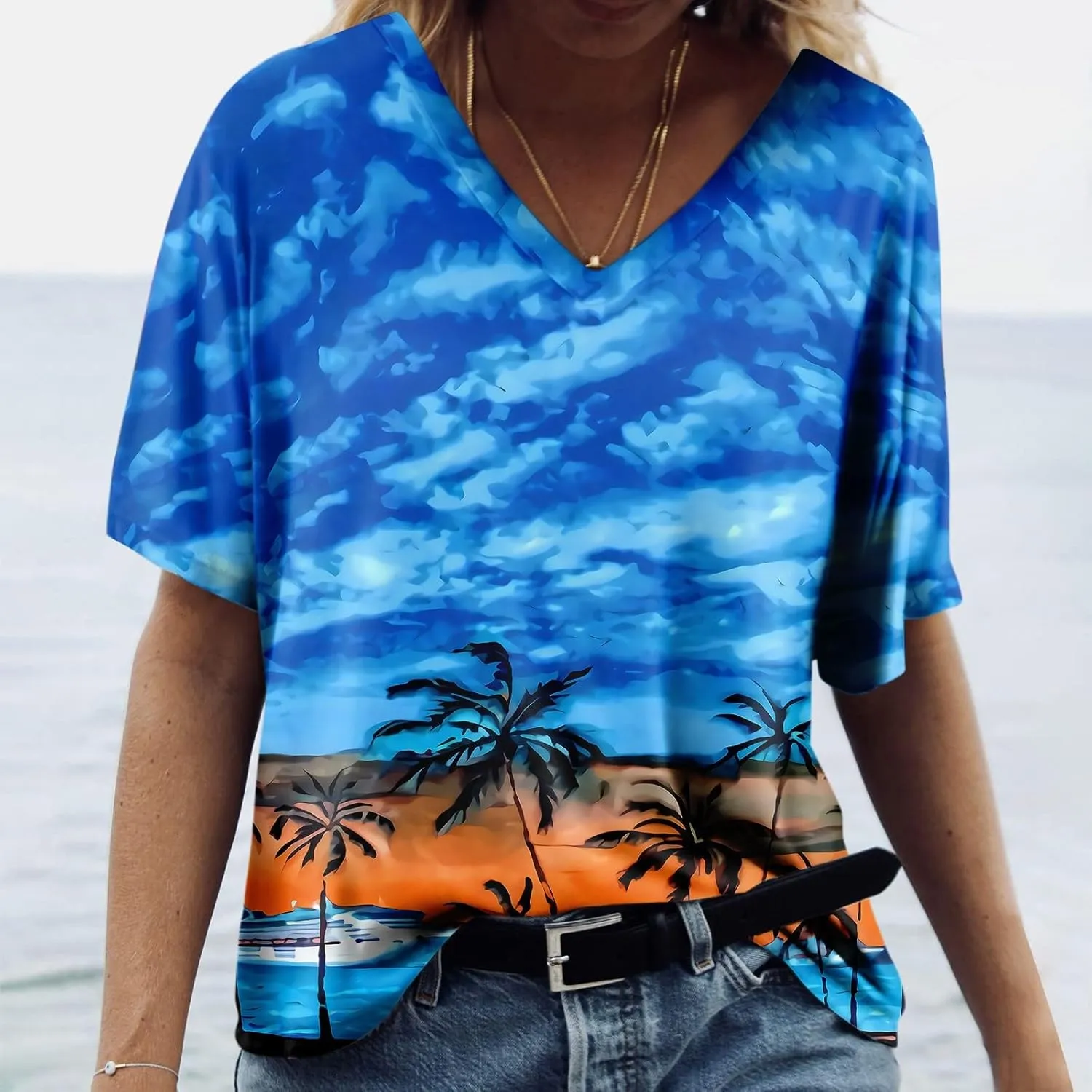 Womens Hawaiian Shirt Palm Trees Beach Graphic Tee Tops Summer Vacation Short Sleeve Tshirt Tops Casual V Neck