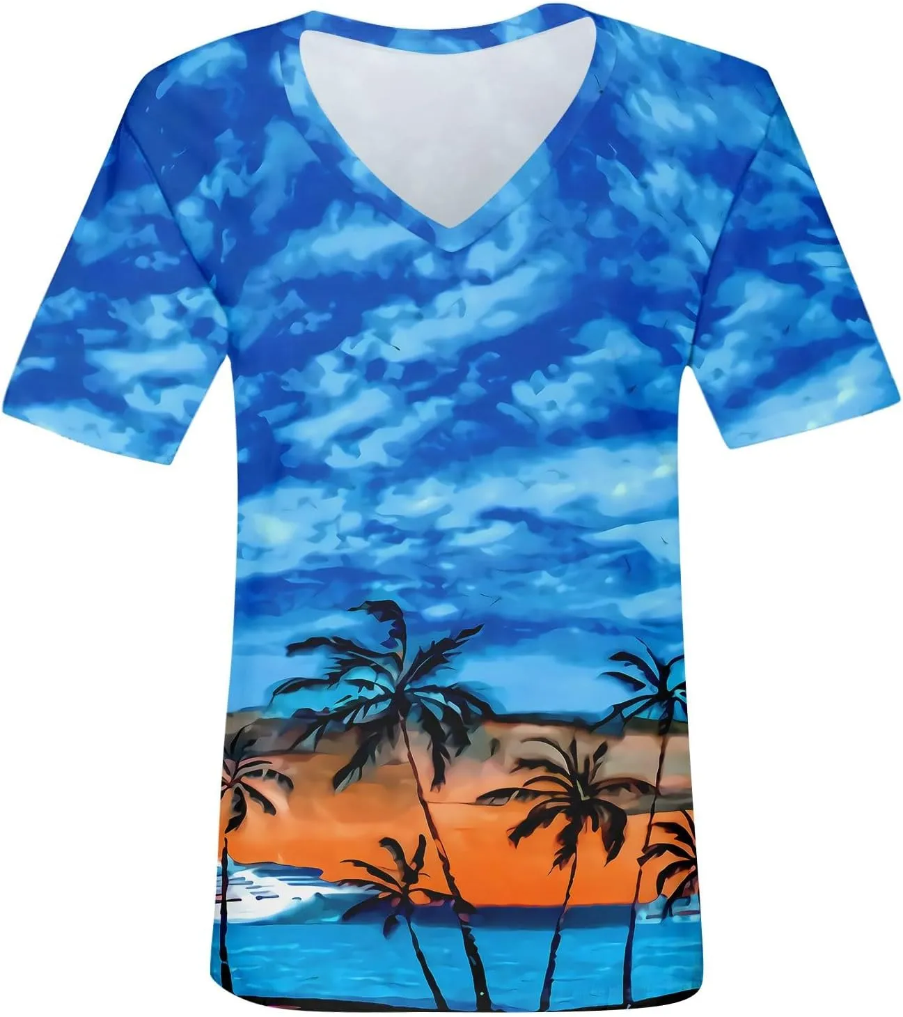Womens Hawaiian Shirt Palm Trees Beach Graphic Tee Tops Summer Vacation Short Sleeve Tshirt Tops Casual V Neck