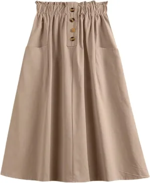 Women's High Waist Button Front Midi Skirt Vintage Elastic Waisted A-Line Pleated Flowy Long Skirts