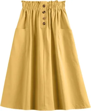 Women's High Waist Button Front Midi Skirt Vintage Elastic Waisted A-Line Pleated Flowy Long Skirts