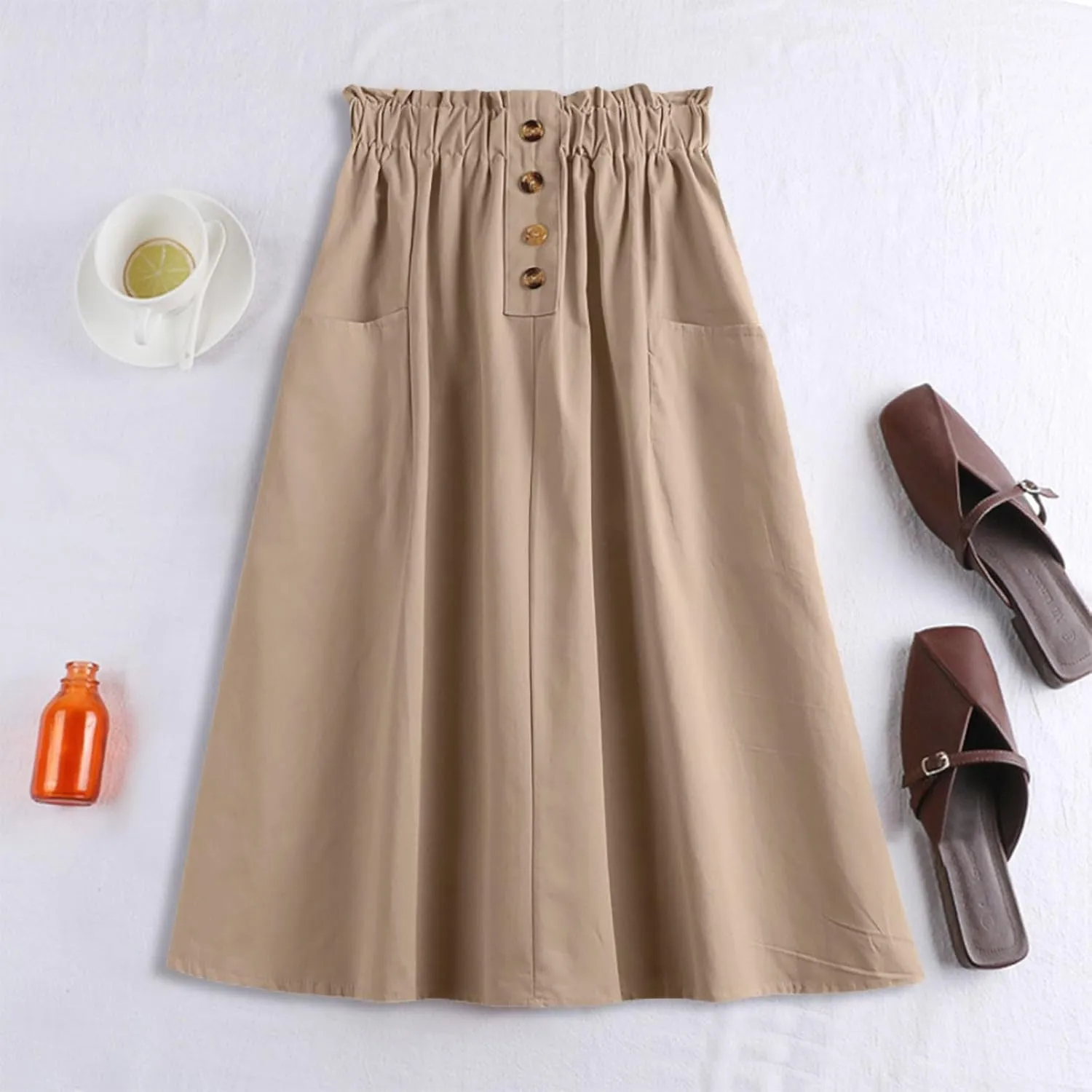 Women's High Waist Button Front Midi Skirt Vintage Elastic Waisted A-Line Pleated Flowy Long Skirts