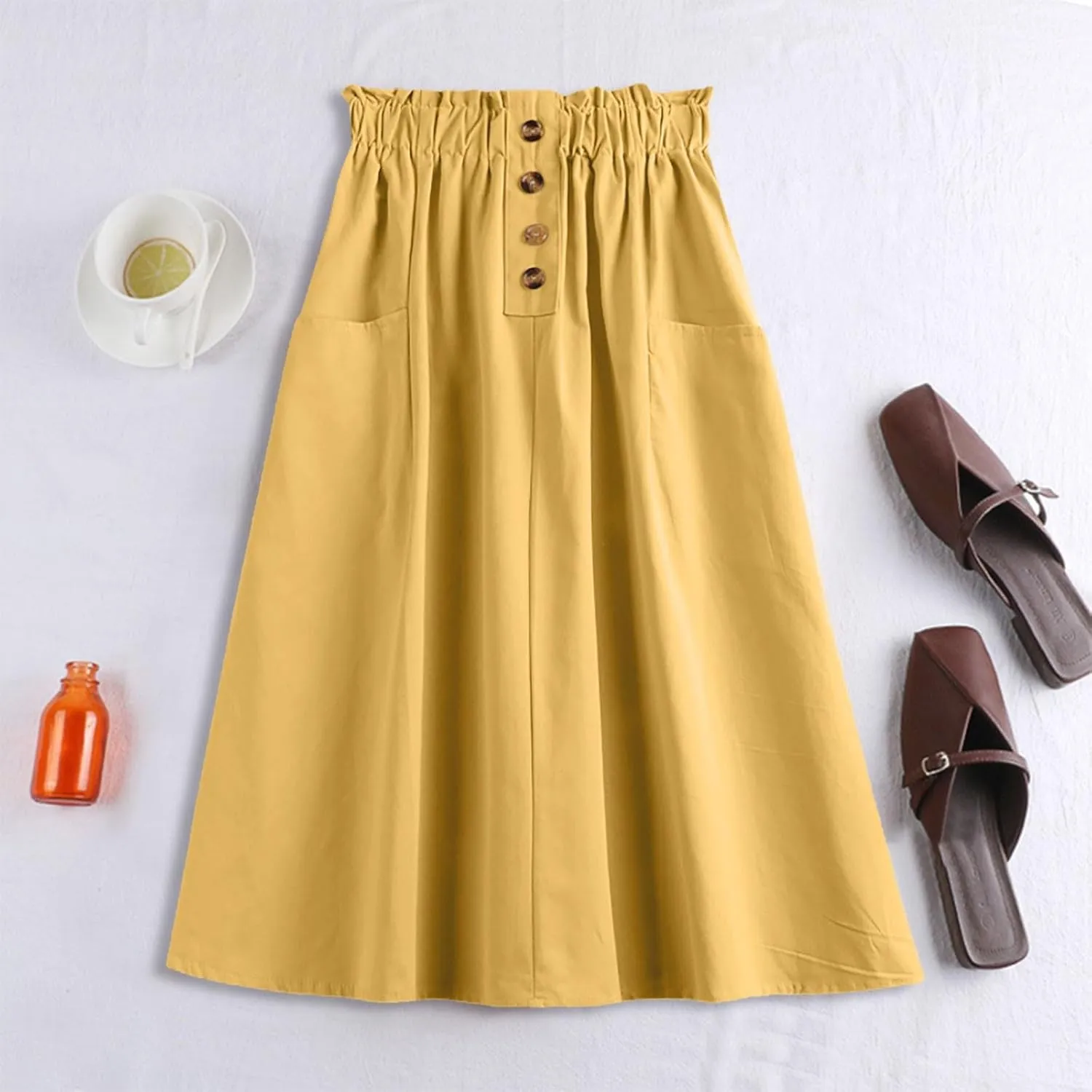 Women's High Waist Button Front Midi Skirt Vintage Elastic Waisted A-Line Pleated Flowy Long Skirts