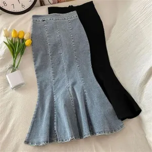 Women's High Waisted Bodycon Denim Fishtail Skirt Spring Casual Streetwear Front Slit Elastic Skirt