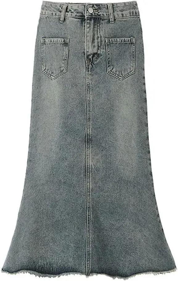 Women's High Waisted Denim Skirt Frayed Raw Hem Washed Mid Length A-Line Fishtail Skirts