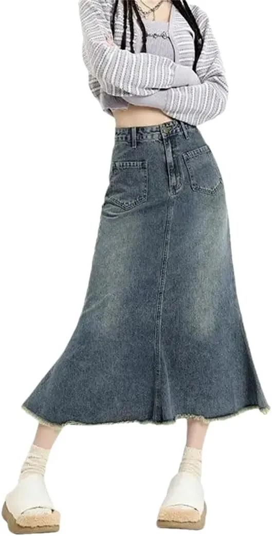 Women's High Waisted Denim Skirt Frayed Raw Hem Washed Mid Length A-Line Fishtail Skirts