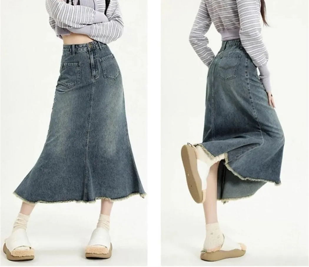 Women's High Waisted Denim Skirt Frayed Raw Hem Washed Mid Length A-Line Fishtail Skirts