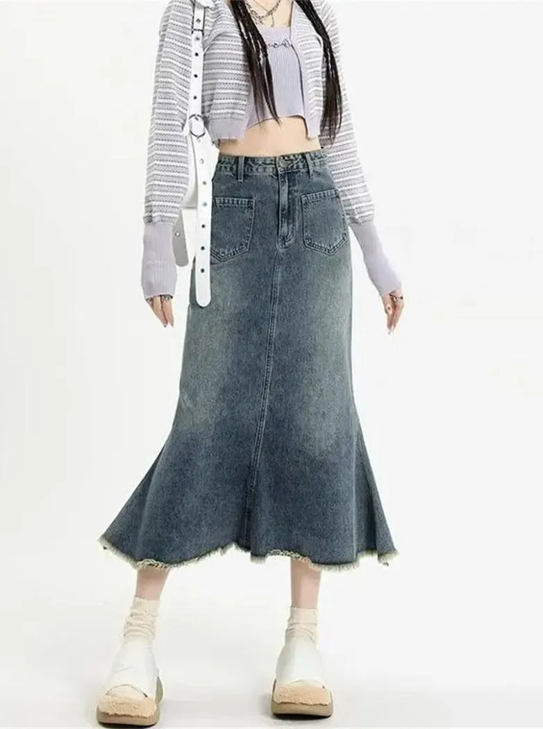 Women's High Waisted Denim Skirt Frayed Raw Hem Washed Mid Length A-Line Fishtail Skirts