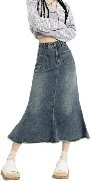 Women's High Waisted Denim Skirt Frayed Raw Hem Washed Mid Length A-Line Fishtail Skirts