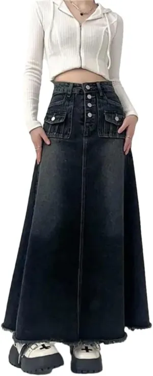 Women's High Waisted Denim Skirt Spring Long A-Line Frayed Raw Edges Washing Jeans Skirt