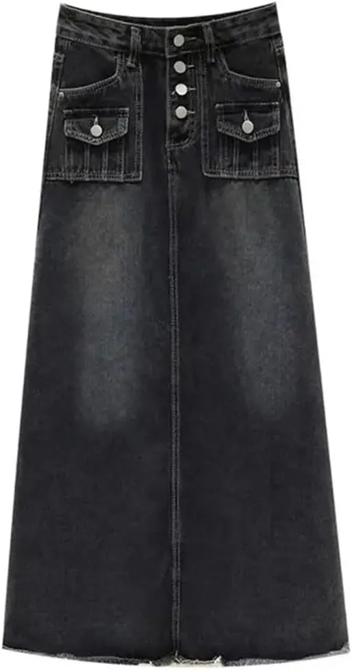 Women's High Waisted Denim Skirt Spring Long A-Line Frayed Raw Edges Washing Jeans Skirt