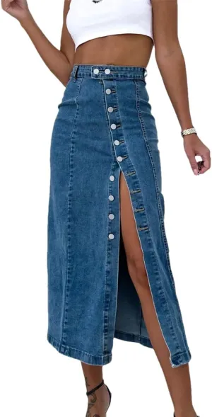Women's High Waisted Denim Skirts Side Slit Single Breasted Irregular Long Jeans Skirt