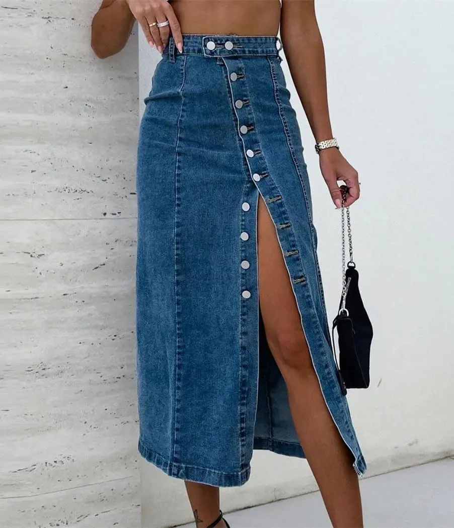 Women's High Waisted Denim Skirts Side Slit Single Breasted Irregular Long Jeans Skirt