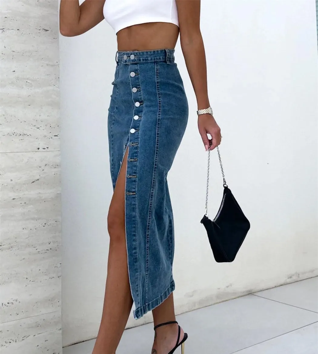 Women's High Waisted Denim Skirts Side Slit Single Breasted Irregular Long Jeans Skirt