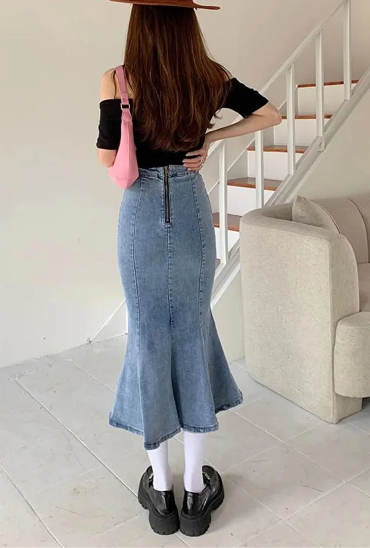 Women's High Waisted Elastic Denim Mermaid Skirt Front Slit Bodycon Packaged Hip Long Skirts
