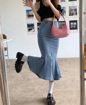 Women's High Waisted Elastic Denim Mermaid Skirt Front Slit Bodycon Packaged Hip Long Skirts