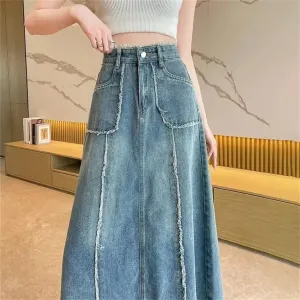 Women's High Waisted Frayed Raw Hem Maxi Jeans Skirt Fashionable Versatile A- Line Denim Skirt