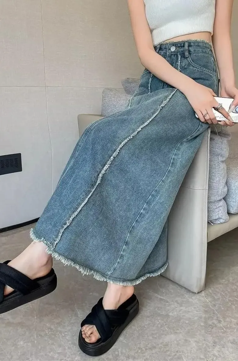Women's High Waisted Frayed Raw Hem Maxi Jeans Skirt Fashionable Versatile A- Line Denim Skirt