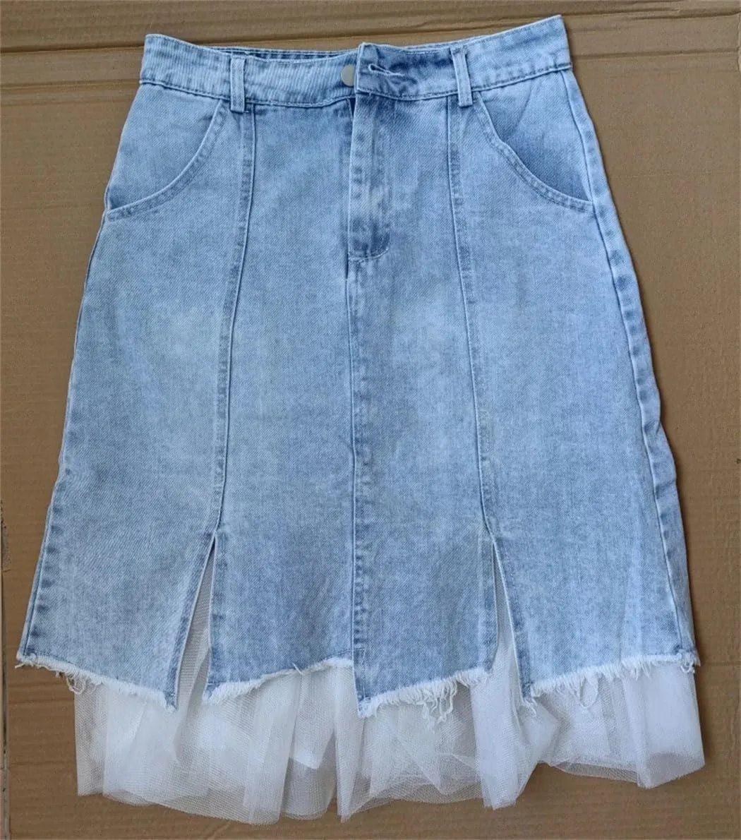 Women's High Waisted Mesh Denim Skirt 2025 Summer Y2k Patchwork Irregular Midi A-Line Skirt