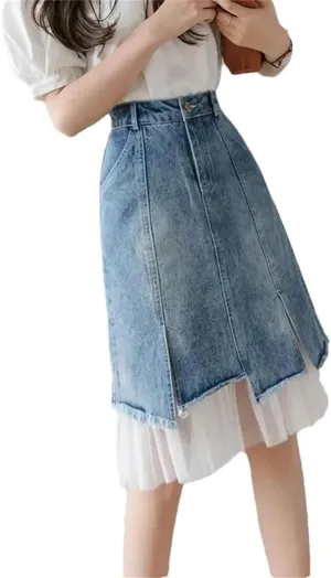 Women's High Waisted Mesh Denim Skirt 2025 Summer Y2k Patchwork Irregular Midi A-Line Skirt