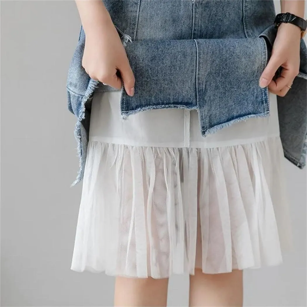 Women's High Waisted Mesh Denim Skirt 2025 Summer Y2k Patchwork Irregular Midi A-Line Skirt