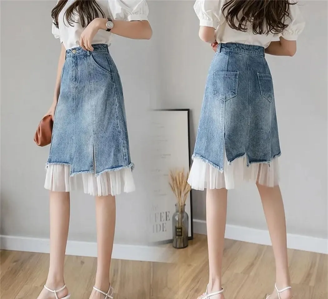 Women's High Waisted Mesh Denim Skirt 2025 Summer Y2k Patchwork Irregular Midi A-Line Skirt