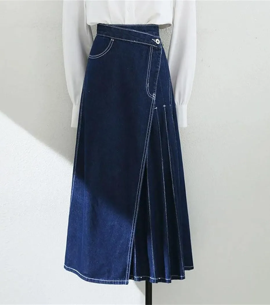 Women's High Waisted Pleated Long Denim Skirts 2025 Spring Elegant Pockets Split Jeans Skirts