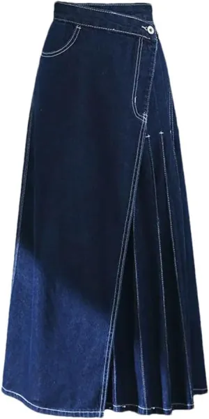 Women's High Waisted Pleated Long Denim Skirts 2025 Spring Elegant Pockets Split Jeans Skirts