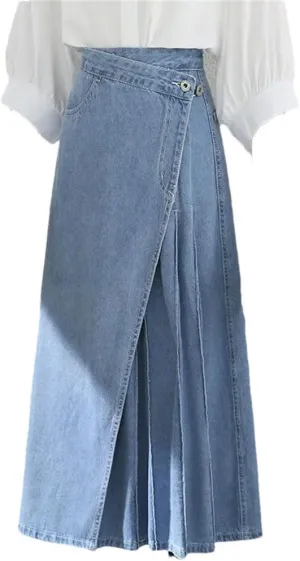 Women's High Waisted Pleated Long Denim Skirts 2025 Spring Elegant Pockets Split Jeans Skirts