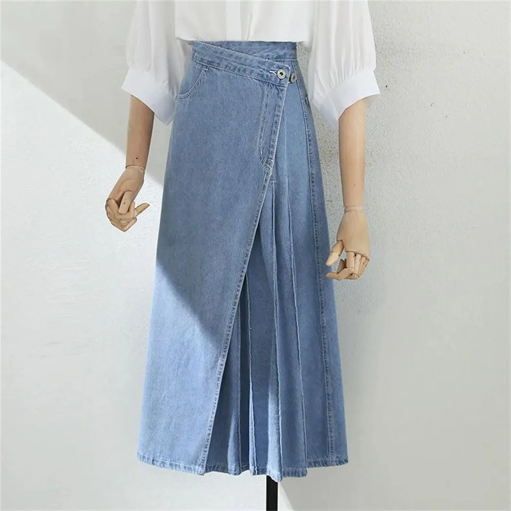 Women's High Waisted Pleated Long Denim Skirts 2025 Spring Elegant Pockets Split Jeans Skirts