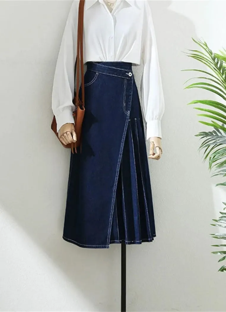 Women's High Waisted Pleated Long Denim Skirts 2025 Spring Elegant Pockets Split Jeans Skirts