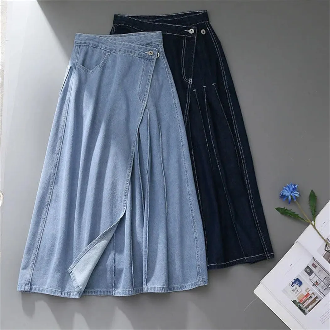 Women's High Waisted Pleated Long Denim Skirts 2025 Spring Elegant Pockets Split Jeans Skirts