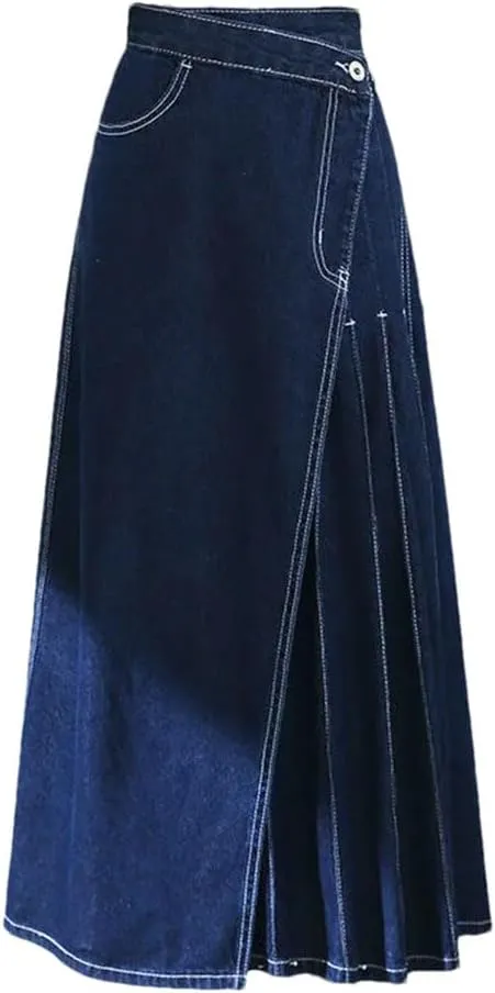 Women's High Waisted Pleated Long Denim Skirts 2025 Spring Elegant Pockets Split Jeans Skirts