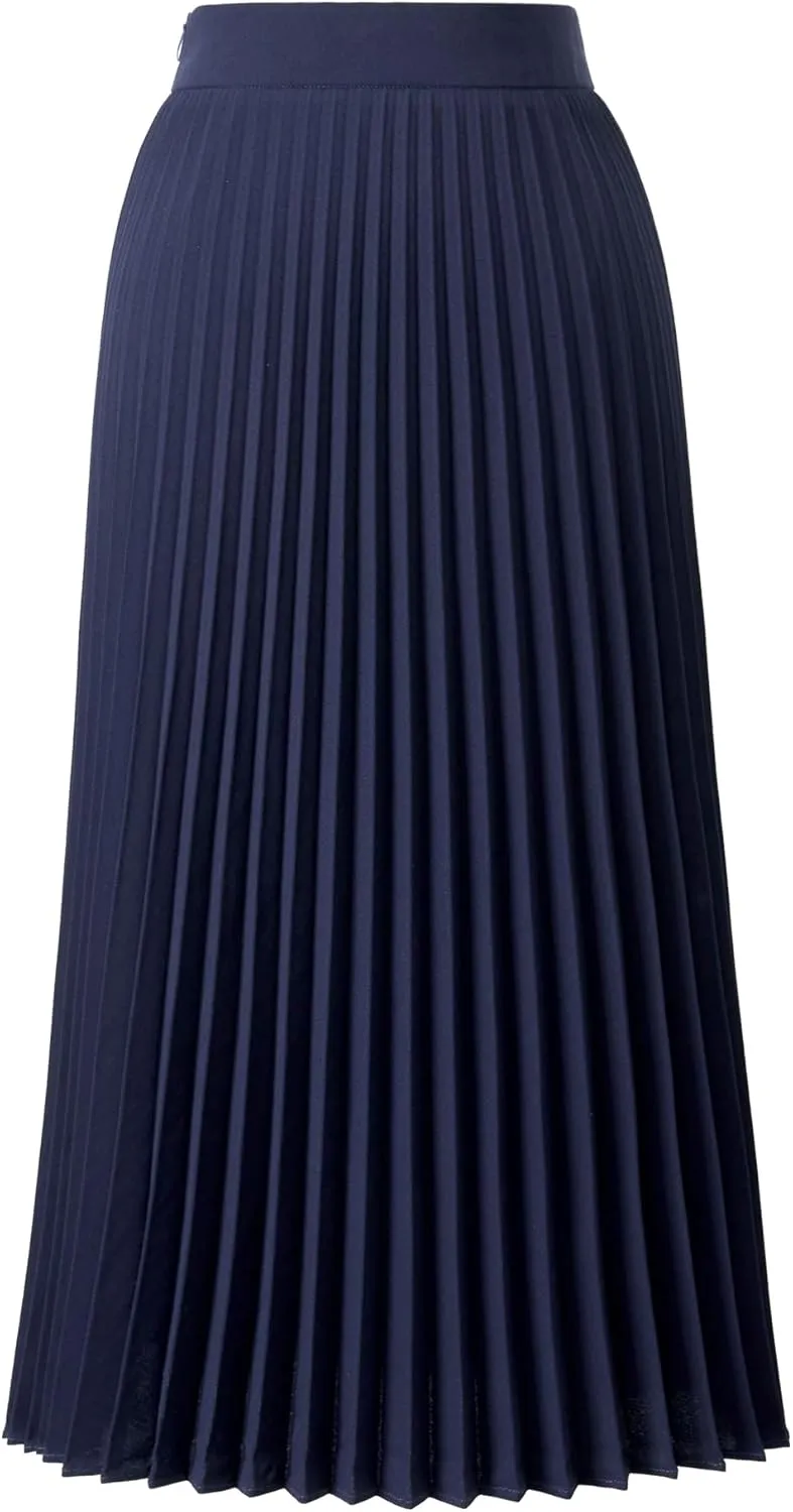 Women's High Waisted Pleated Midi Skirt with Zipper Closure, Solid Color