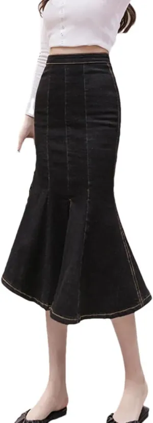 Women's High Waisted Sexy Fishtail Jean Skirts Stretchy Bodycon Casual Denim Skirt