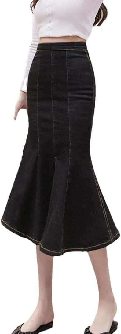 Women's High Waisted Sexy Fishtail Jean Skirts Stretchy Bodycon Casual Denim Skirt