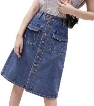 Women's High Waisted Single Breasted Front Slit Denim Skirt 2025 Spring Summer Casual Midi Skirt