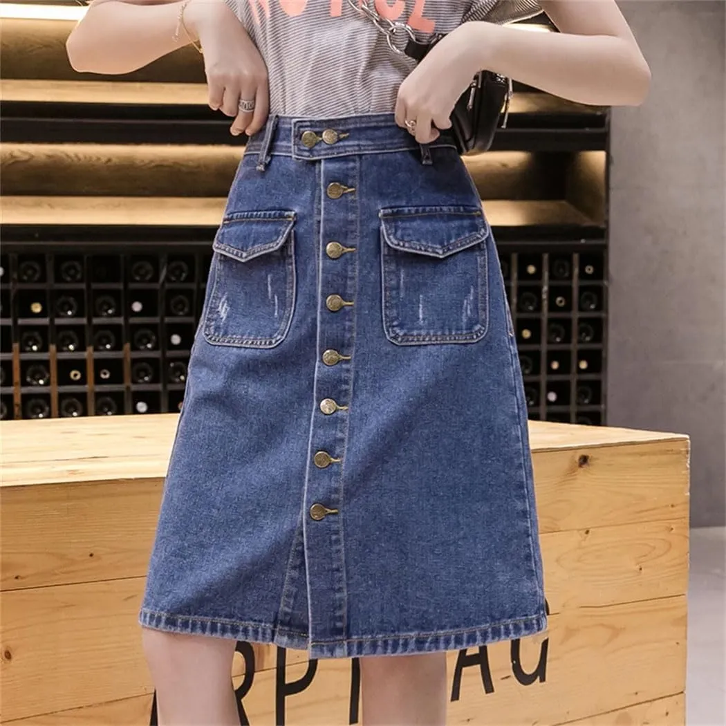 Women's High Waisted Single Breasted Front Slit Denim Skirt 2025 Spring Summer Casual Midi Skirt