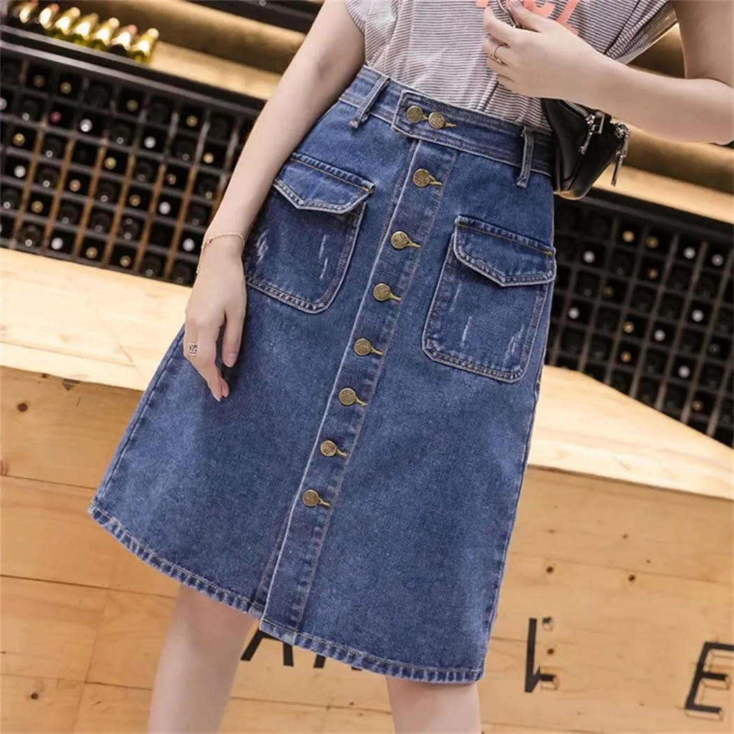 Women's High Waisted Single Breasted Front Slit Denim Skirt 2025 Spring Summer Casual Midi Skirt