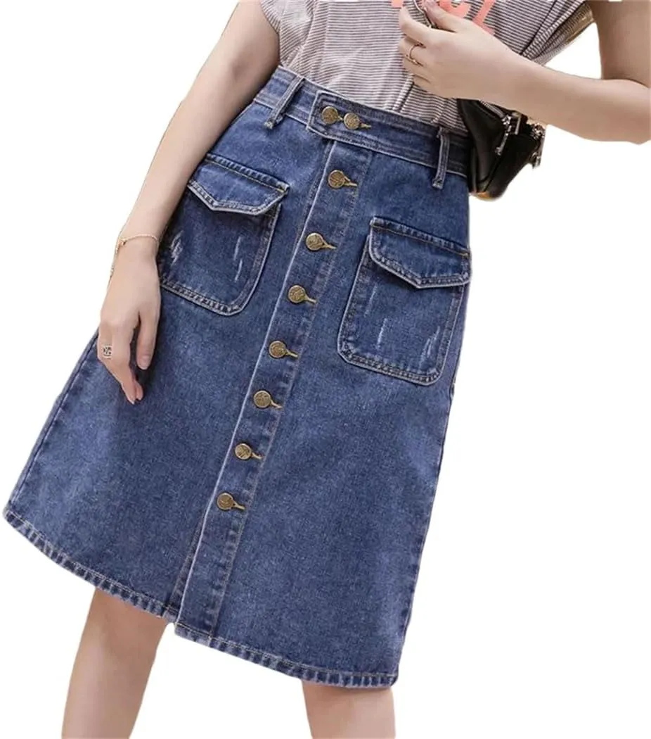 Women's High Waisted Single Breasted Front Slit Denim Skirt 2025 Spring Summer Casual Midi Skirt