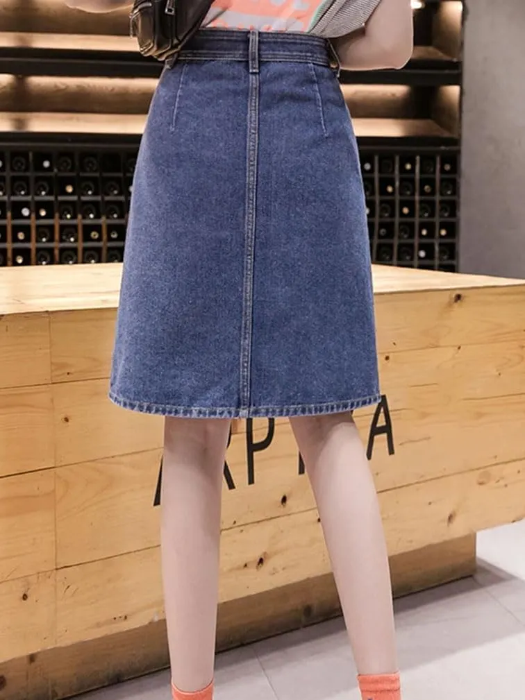 Women's High Waisted Single Breasted Front Slit Denim Skirt 2025 Spring Summer Casual Midi Skirt
