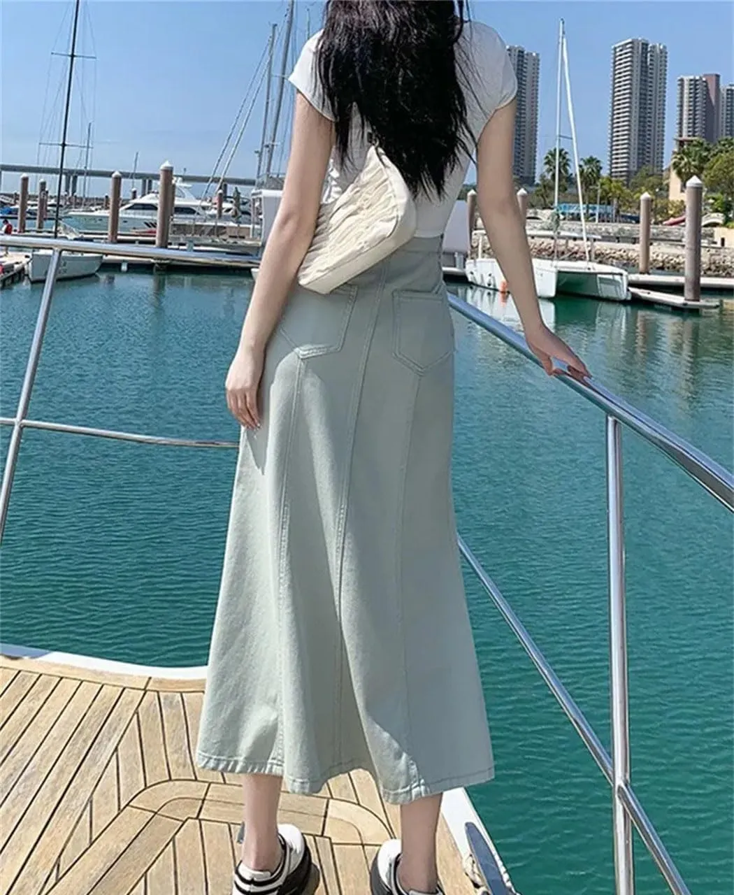 Women's High Waisted Slim Fit Long Denim Skirts Summer Casual Pockets Fashion Mermaid Skirt